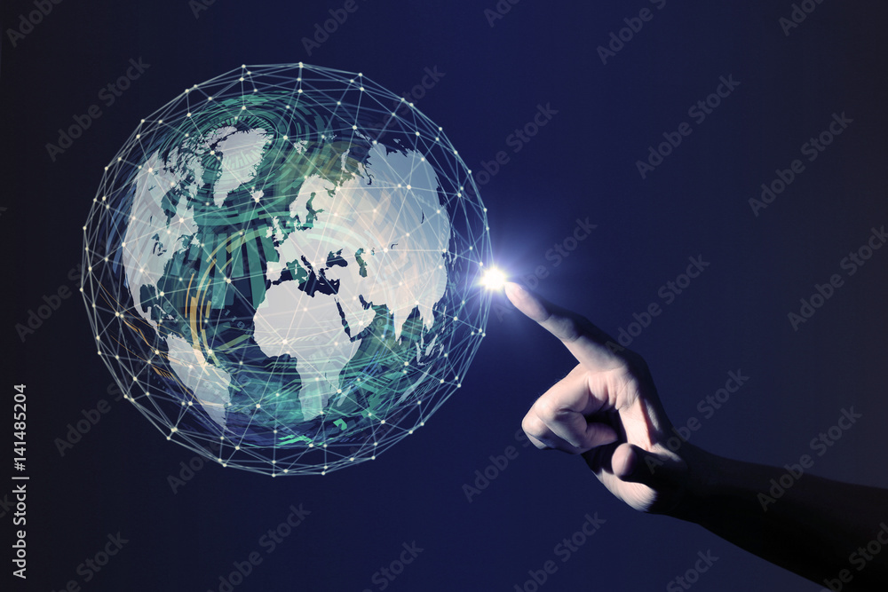 Poster human hand and worldwide network abstract, 3d rendering