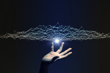 human hand and mesh network abstract, 3D rendering