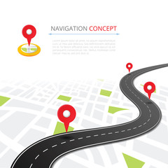 Navigation concept with pin pointer vector illustration. Cartography mapping, ui pinning, discovery, geotag, tourism geolocation. GPS navigation system banner. Location pin on perspective city map.