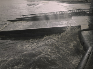 Old Lifebost slipway in rough sea. RNLI England. Scarborough, North Yorkshire. Moody South Bay.