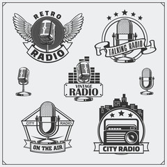Vintage radio emblems, labels, badges and design elements. Vector set. 