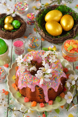 Easter cake, flowers and eggs