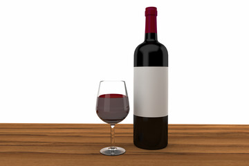 red wine glass and bottle on a wood table 3D rendering