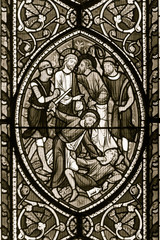 Stained Glass in Worcester Cathedral - The East Window close up Bottom K