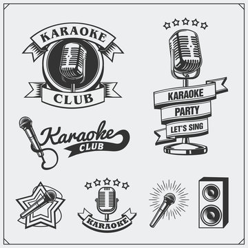 Vector set of karaoke vintage labels, badges and design elements. Karaoke Club emblems.