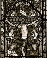 Stained Glass in Worcester Cathedral - The East Window close up Bottom N