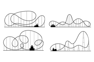 Amusement Park Roller Coaster Black Silhouettes Set. Vector