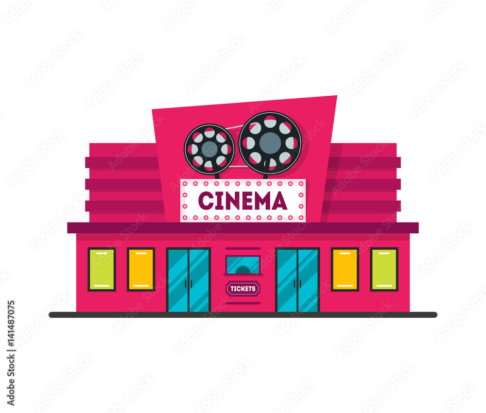 Sticker Cartoon Cinema Building. Vector