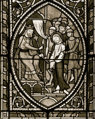 Stained Glass in Worcester Cathedral - The East Window close up Bottom S
