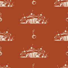 Pattern with hand drawn desserts. Beautiful design elements for pastry shops, coffee houses.