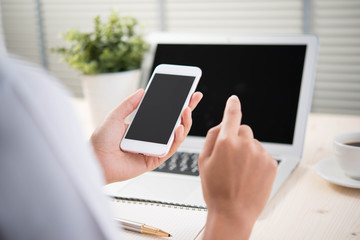 tablet with blank screen and coffee
