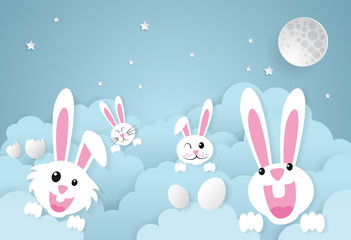 Easter day,rabbit with cloud and sky.paper art style.