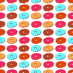 Pattern with donut. Set hand drawn donut with colorful splashes. Donut with cream and berries.