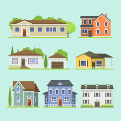 Fototapeta premium Cute colorful flat style house village symbol real estate cottage and home design residential colorful building construction vector illustration.
