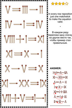 Visual Math Puzzle With Roman Numerals: In Every Row Reposition Just One Matchstick To Make The Equation Valid. Answer Included.
