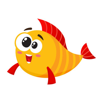 Cute, funny golden, yellow fish character with smiling happy, human face, cartoon vector illustration isolated on white background. Crazy yellow fish character, mascot, happy and excited