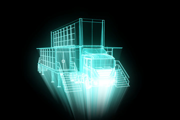 Touring Party Truck Car in Hologram Wireframe Style. Nice 3D Rendering. 
