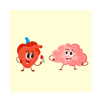 Cute and funny human heart and brain characters, logic versus feelings concept, cartoon vector illustration isolated on white background. Healthy brain and heart characters, human internal organs