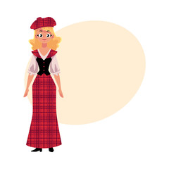 Scottish woman in traditional national costume, tartan beret and long kilt, cartoon vector illustration with place for text. Full length portrait of Scottish woman in tartan, plaid and kilt