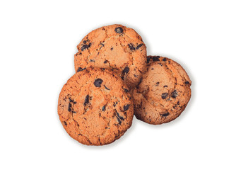 Three chocolate chip cookies isolated on white background. Three hazelnut cookies filled nougat with a clipping path.