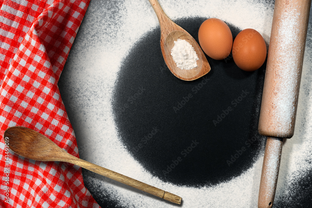 Poster baking background with flour and copy space