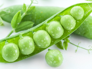 Open pea pod on a white background.