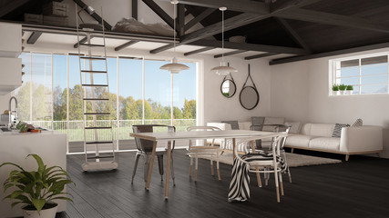 Minimalist mezzanine loft, kitchen, living and bedroom, wooden roofing and parquet floor, scandinavian classic interior design with garden panorama