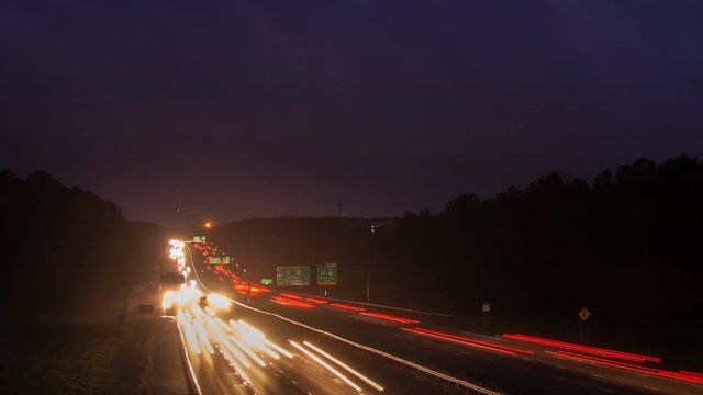 Lightning Thunderstorm Timelapse Over Fats Moving Interstate 40 Traffic at Night in Raleigh North Carolina