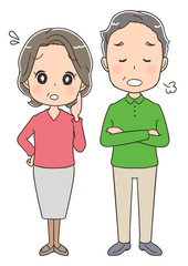 悩んでいるシニア男女のイラスト（全身）