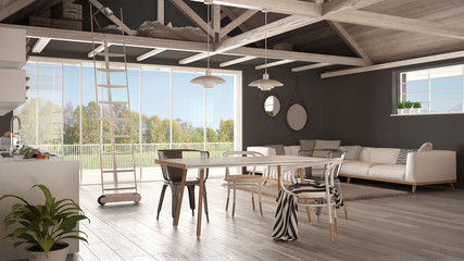 Minimalist mezzanine loft, kitchen, living and bedroom, wooden roofing and parquet floor, scandinavian classic interior design with garden panorama