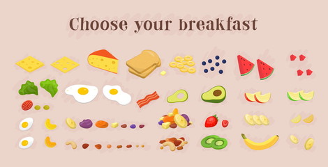 Naklejka premium Healthy breakfast food icons collection. fruits and berries, nut