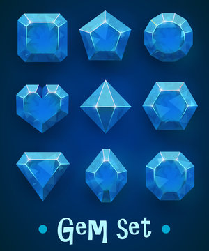 Set of realistic blue gems of various shapes. Sapphire collection. Elements for mobile games or decoration.