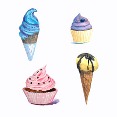 Blue ice cream,yellow ice cream with chocolate,lilac and pink cakes drawn of hand.Design for candy bar,wedding,menu.