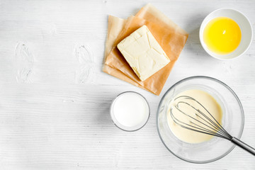 cooking pancake on white background top view ingredients for making