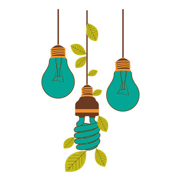 bulbs hanging with save bulb leaves icon, vector illustration