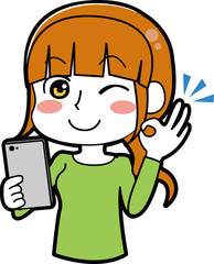 スマホをもってグーサインをする女性のイラスト