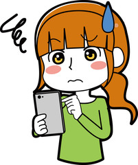 スマホを見て悩む女性のイラスト