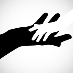 Black color big hand and white small hand concept. Help symbol hands support emblem. Hands icon illustration. Education, health care, medical, design element.