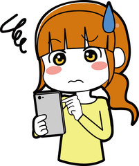 スマホを見て悩む女性のイラスト