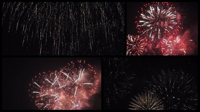 Collection of fireworks at night, new year party or national independence day celebration, video clips collage