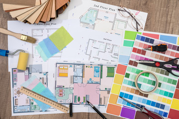 Construction plans with Paint Brush and Colors Palette. Building and Construction Industry Concept.