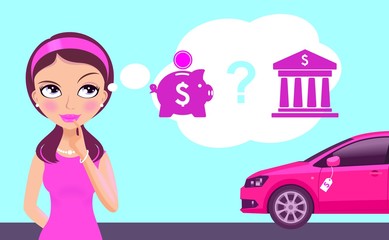 Beautiful girl thinking about buying a car infographic