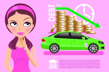 Beautiful girl thinking about buying a car infographic