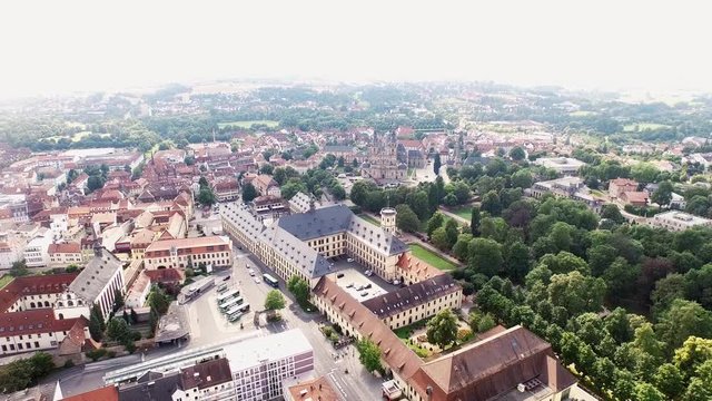 The city of Fulda in Germany. The camera rises into the sky above Fulda. It then flies slowly over the historical city of Fulda in Hessen. 