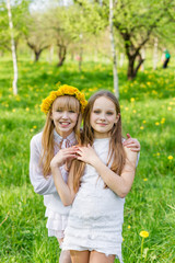 Girlfriends are standing with wreaths of dandelions on their heads