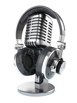 Retro studio microphone and headphones