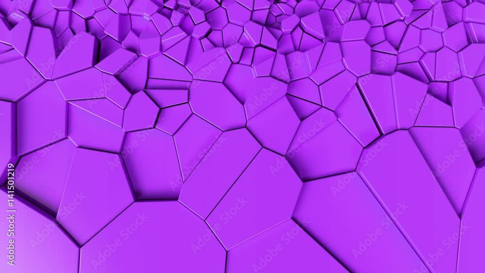 Poster seamless 3d animation of purple pieces of surface moving and creating fracture