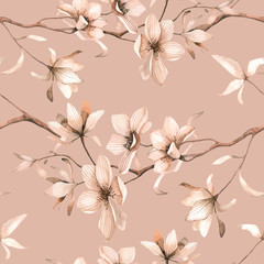 Seamless floral pattern with magnolias on a beige background, watercolor. Vector illustration. - 141501457