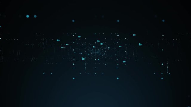 Fly-through 3D animation of futuristic data and pieces of program code floating in dark digital space 