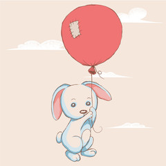 Little rabbit flying with balloon